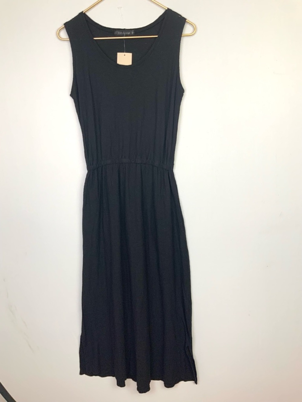NWT Cut Loose Sz XS Black Cotton Linen Elastic Waist Sleeveless Maxi Midi Dress